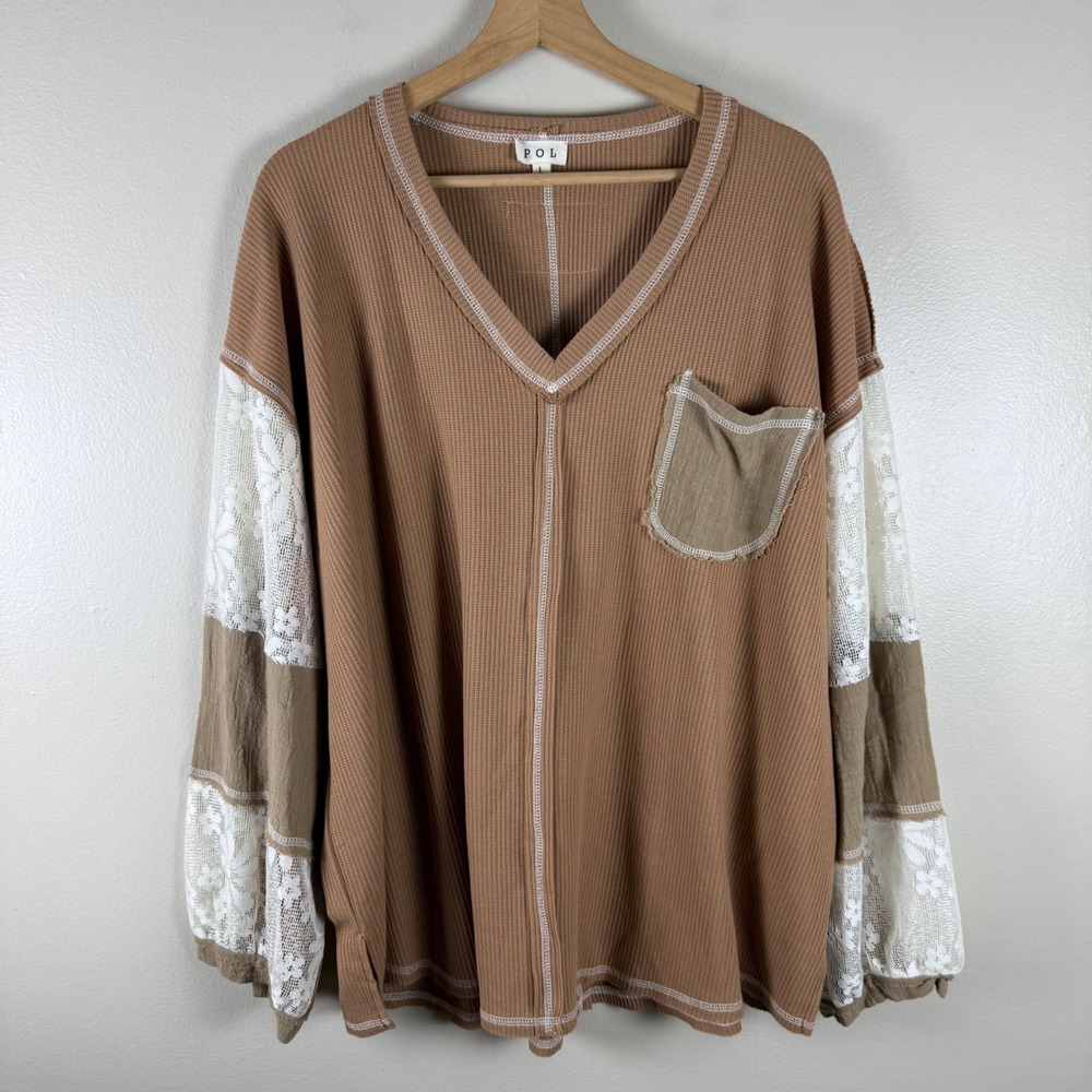 POL Women's Large Thermal Top Brown Lace Balloon Sleeve V-Neck Boho